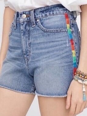 J.Crew Point Sur Blue Denim Raw Hem Cutoff Shorts with Rainbow Side Trim size 25